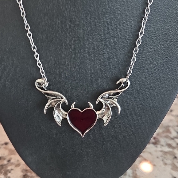 Source Unknown Jewelry - Source Unknown Silver Necklace with Dark Red Heart and Wings